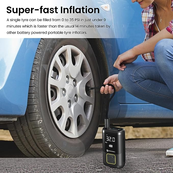 Portronics Vayu Portable Tyre Inflator/Air Compressor with Digital Display, 4000 mAh Battery, Auto Shut Off Suitable for Cars, Motorcycles, Bicycles Portronics Vayu Portable Tyre Inflator/Air Compressor with Digital Display, 4000 mAh Battery, Auto Shut Off Suitable for Cars, Motorcycles, Bicycles